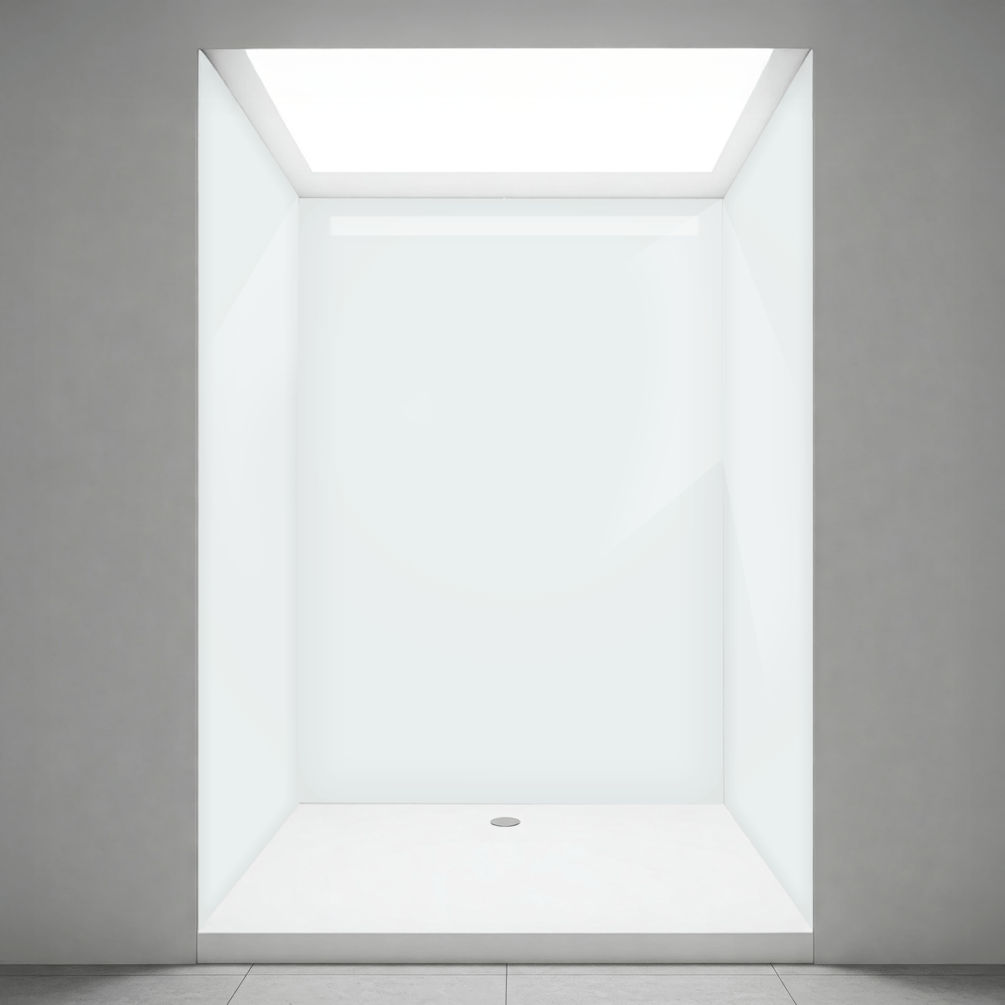 panneau-mural-de-douche-acrylique-personnalise-design-moderne Vue de face d’une cabine de douche à l’italienne en acrylique blanc avec panneaux muraux lisses, bonde centrale au sol et entrée ouverte