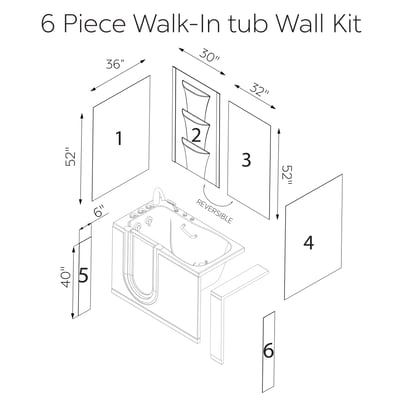 Vue éclatée du kit mural de baignoire à porte 6 pièces Ella avec panneaux étiquetés, niche à savon et dimensions jusqu’à 52 pouces de hauteur