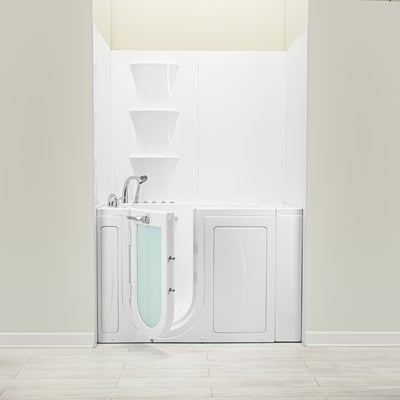 Ella walk-in tub with frosted inward swing door, chrome faucet, and white 6-piece acrylic shower wall kit with built-in soap niche shelves