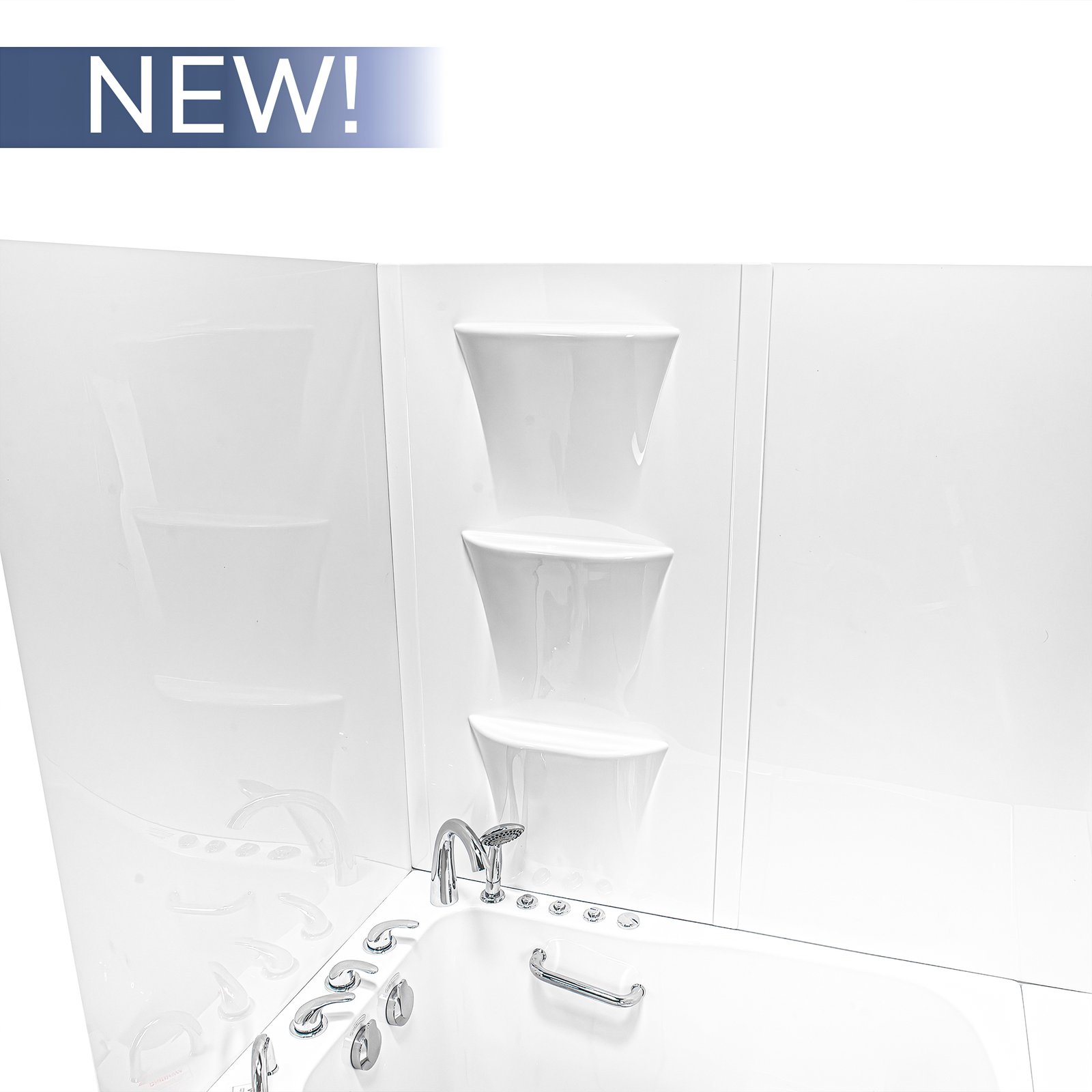 New Ella acrylic 6-piece white shower wall kit with stacked corner soap niches and chrome faucet fixtures in a walk-in tub