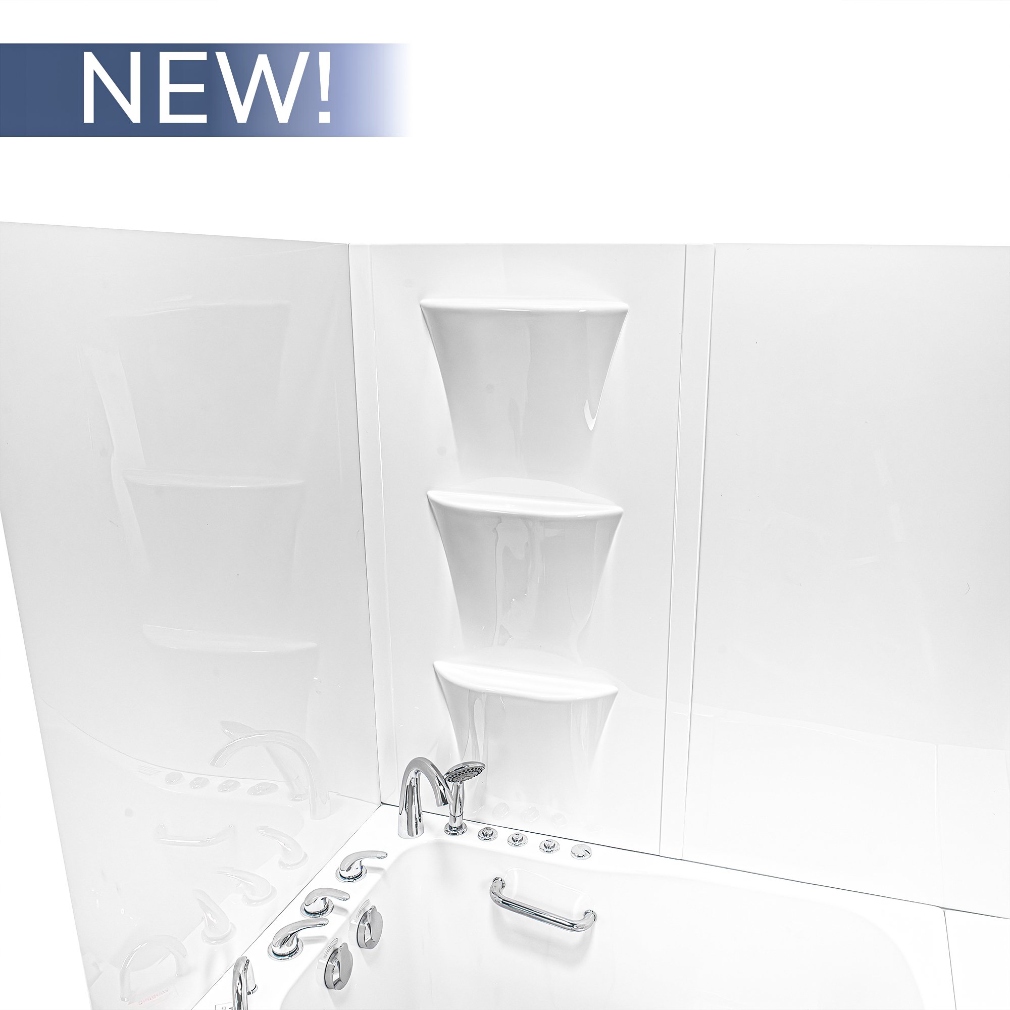 New Ella acrylic 6-piece white shower wall kit with stacked corner soap niches and chrome faucet fixtures in a walk-in tub