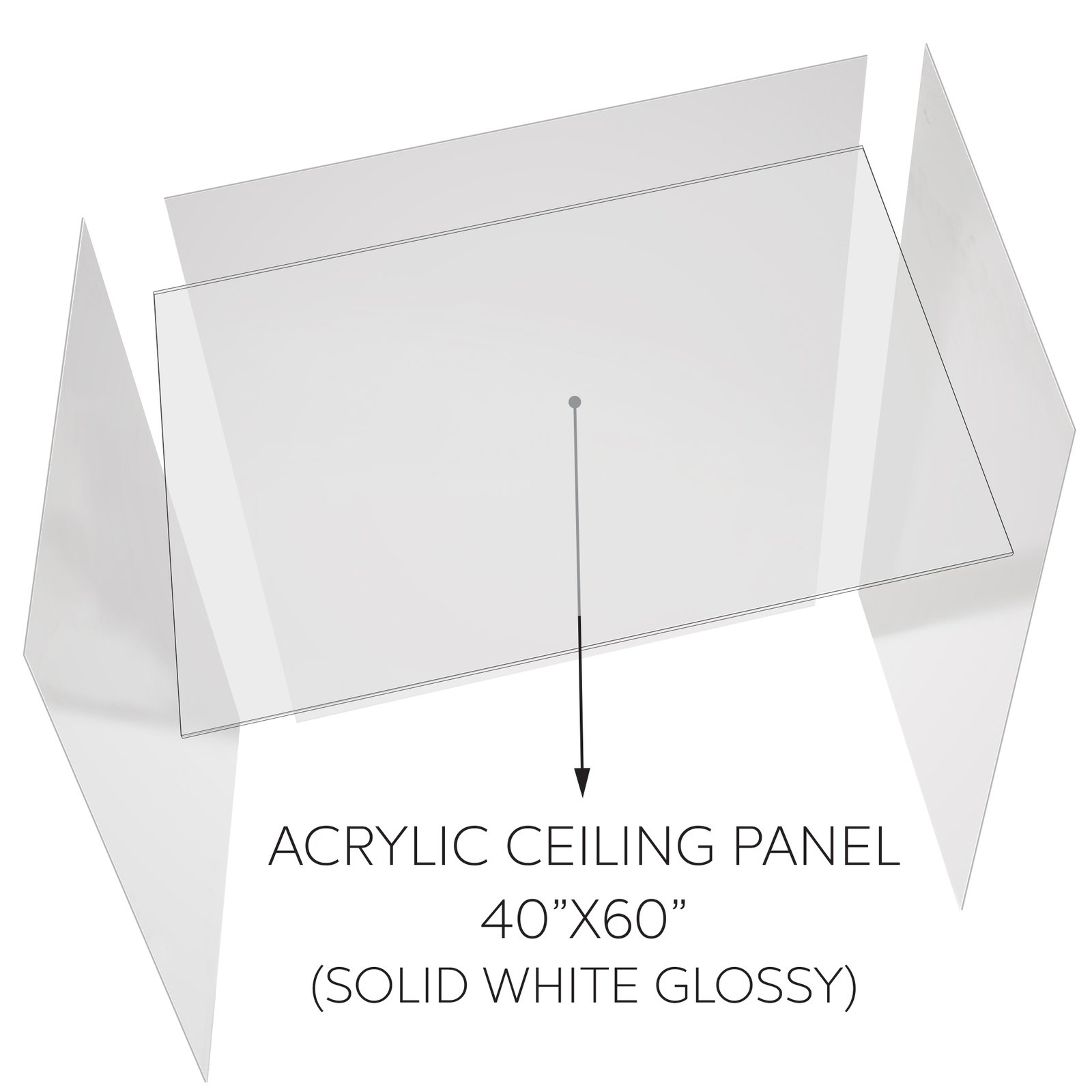 Diagrama en 3D de un panel de techo de acrílico blanco brillante sólido de 40x60 pulgadas para un recinto de cabina de ducha accesible