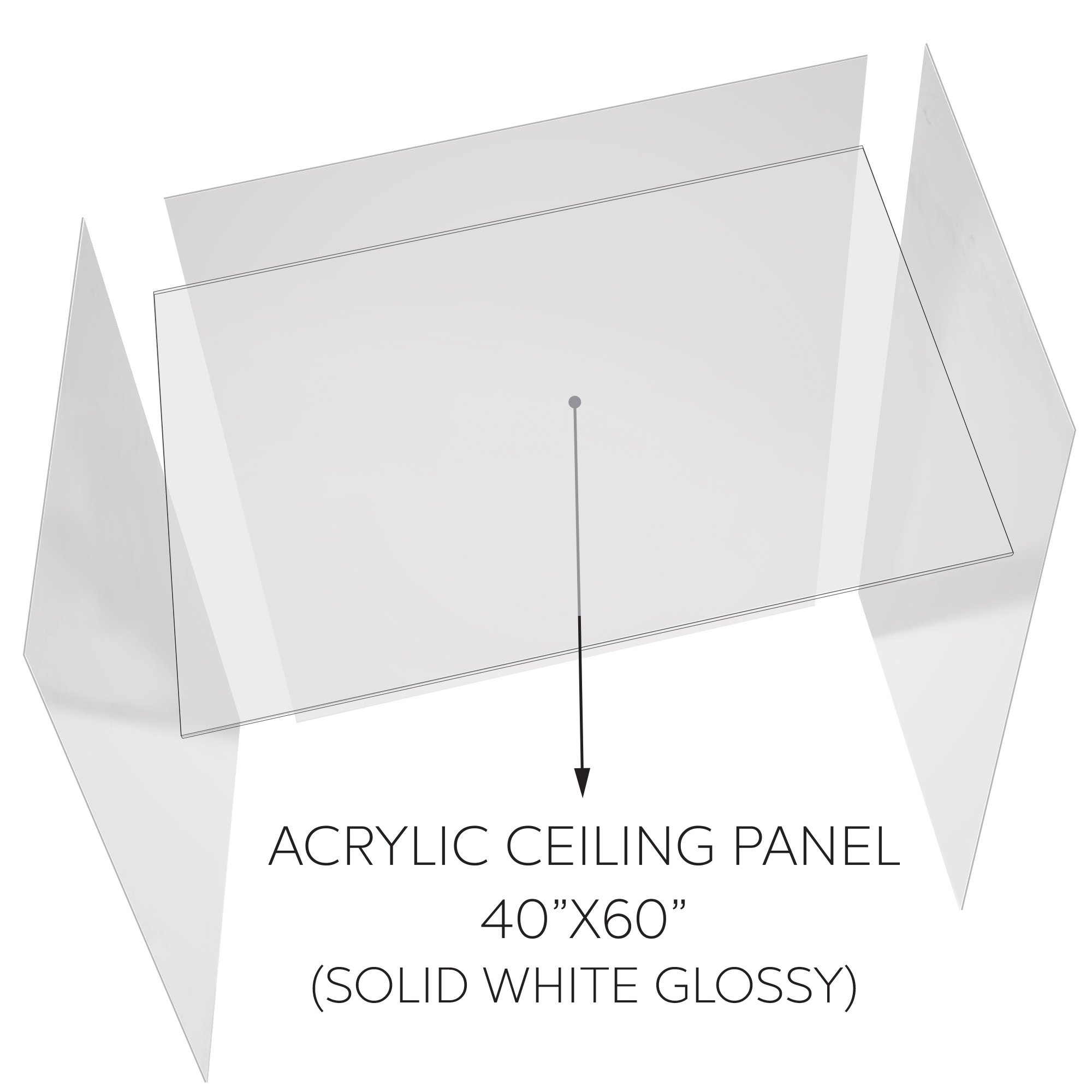 3D diagram of a 40x60 inch solid white glossy acrylic ceiling panel for an accessible shower stall enclosure