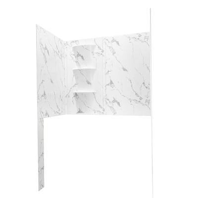Kit de panneaux muraux de douche en acrylique finition marbre Carrara 6 pièces Ella avec étagères d’angle intégrées pour installation de baignoire à porte