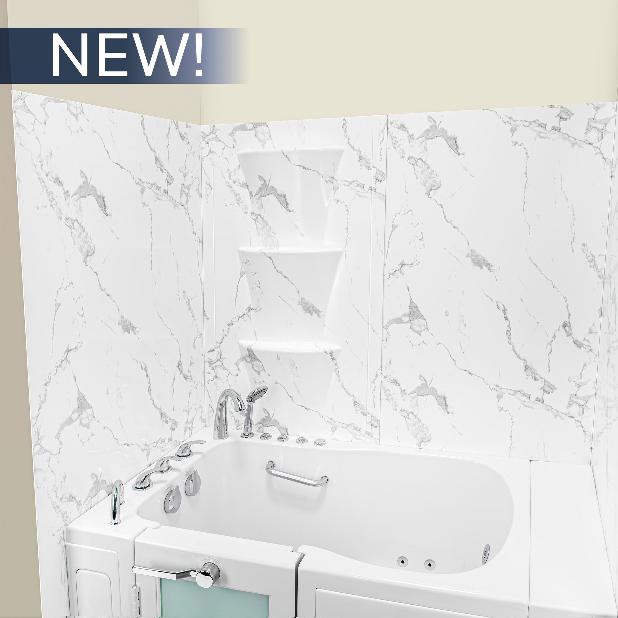 New Ella walk-in tub with 6-piece Carrara marble acrylic shower wall panels kit, chrome faucet, and corner shelving unit