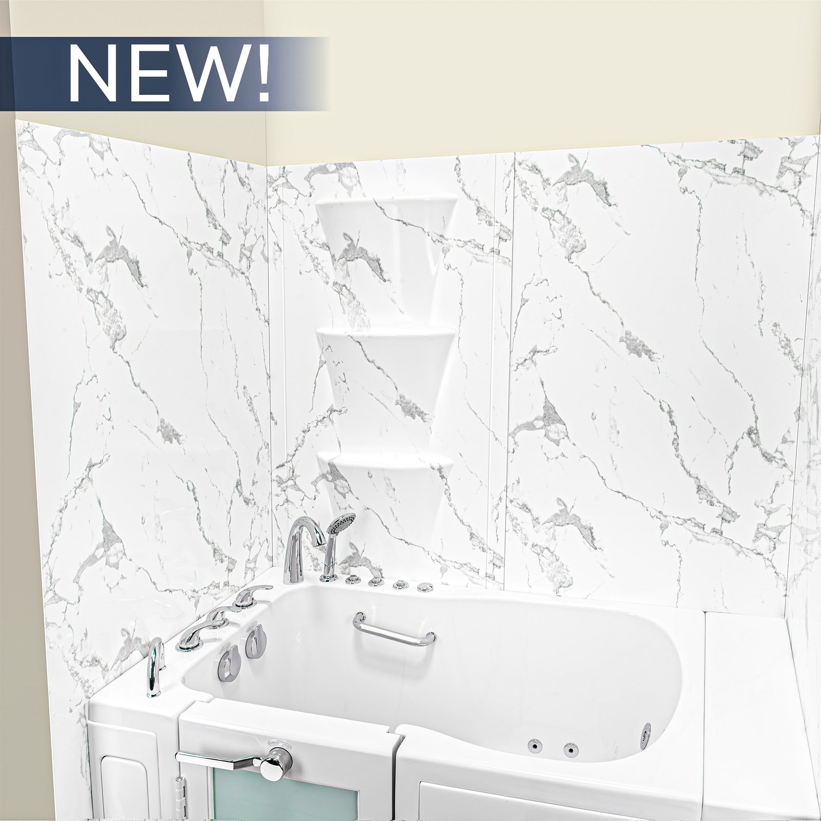 New Ella walk-in tub with 6-piece Carrara marble-look acrylic shower wall panels, corner shelves, and chrome fixtures