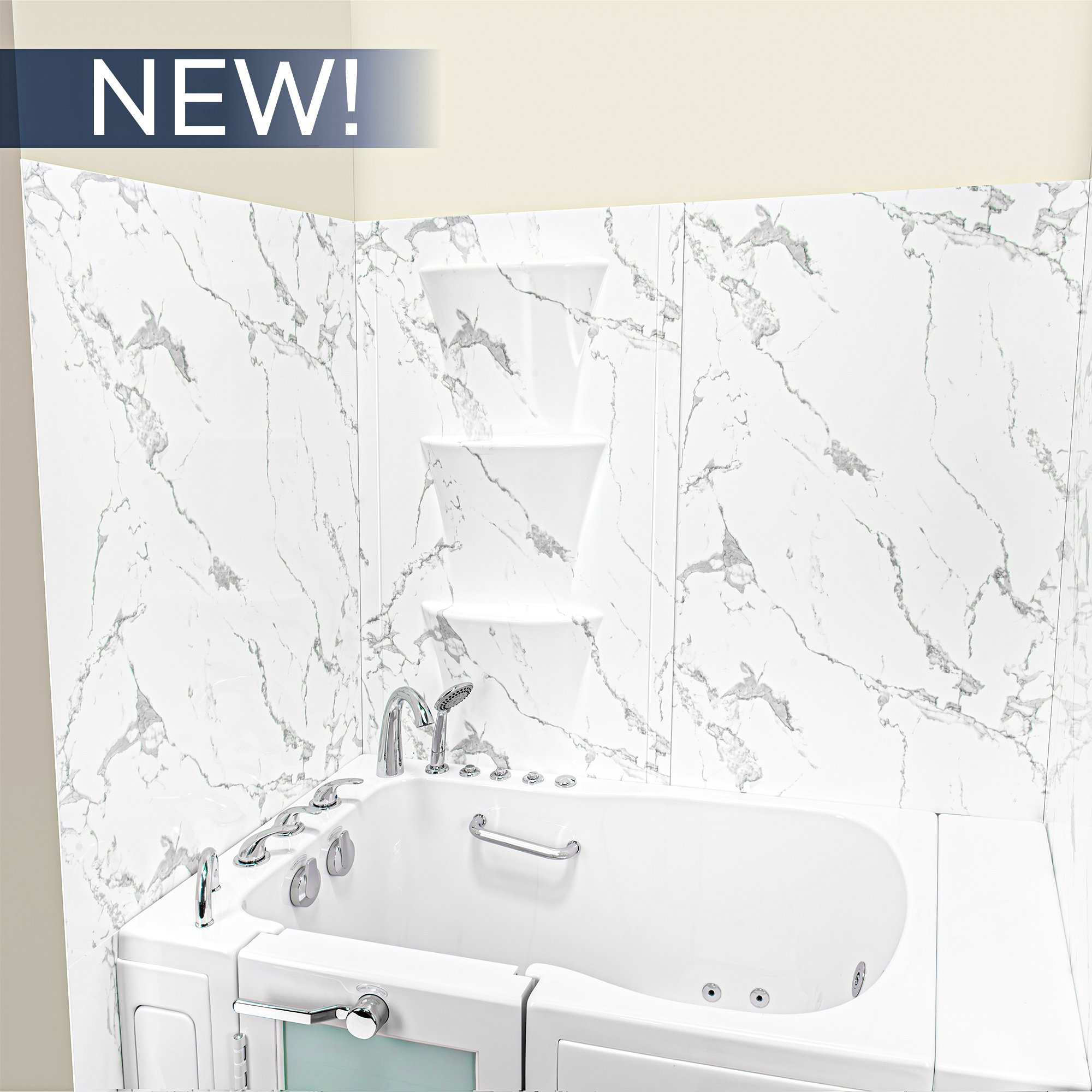 New Ella walk-in tub with 6-piece Carrara marble-look acrylic shower wall panels, corner shelves, and chrome fixtures