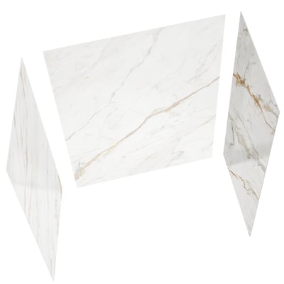 Three-panel Calacatta Luxor shower wall surround with white marble-look finish and gold-gray veining for accessible showers