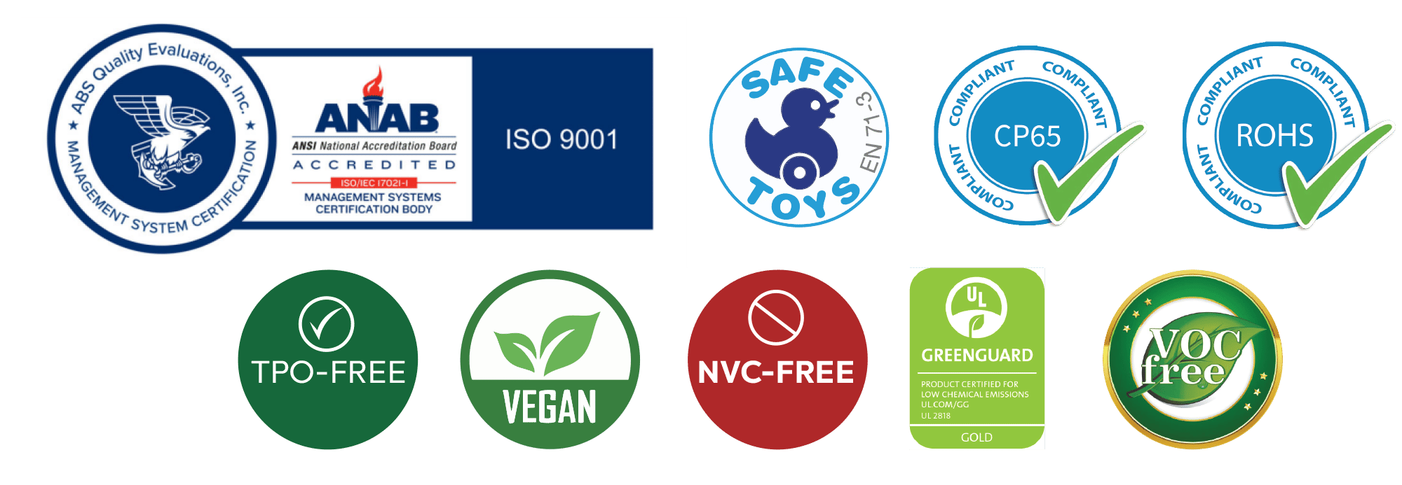 Ella's Bubbles CNC shower wall certification badges: ISO 9001, Safe Toys, CP65, ROHS, TPO-Free, Vegan, NVC-Free, Greenguard Gold, VOC-Free