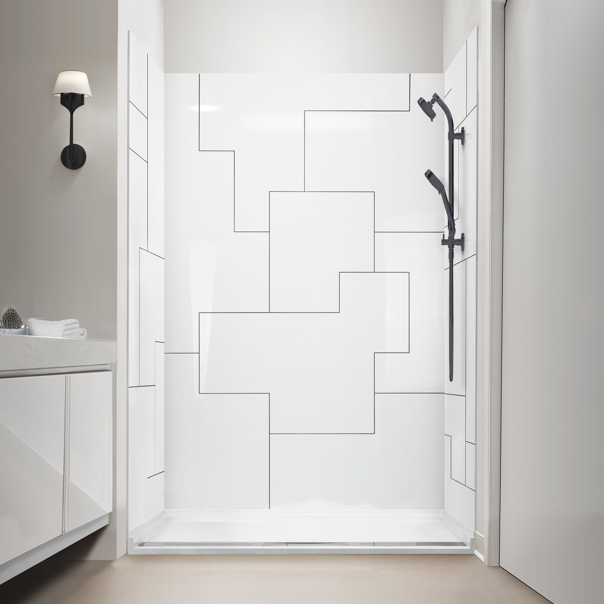 Ella Urban Maze acrylic shower stall with geometric CNC wall panels, matte black handheld showerhead, and low-threshold base