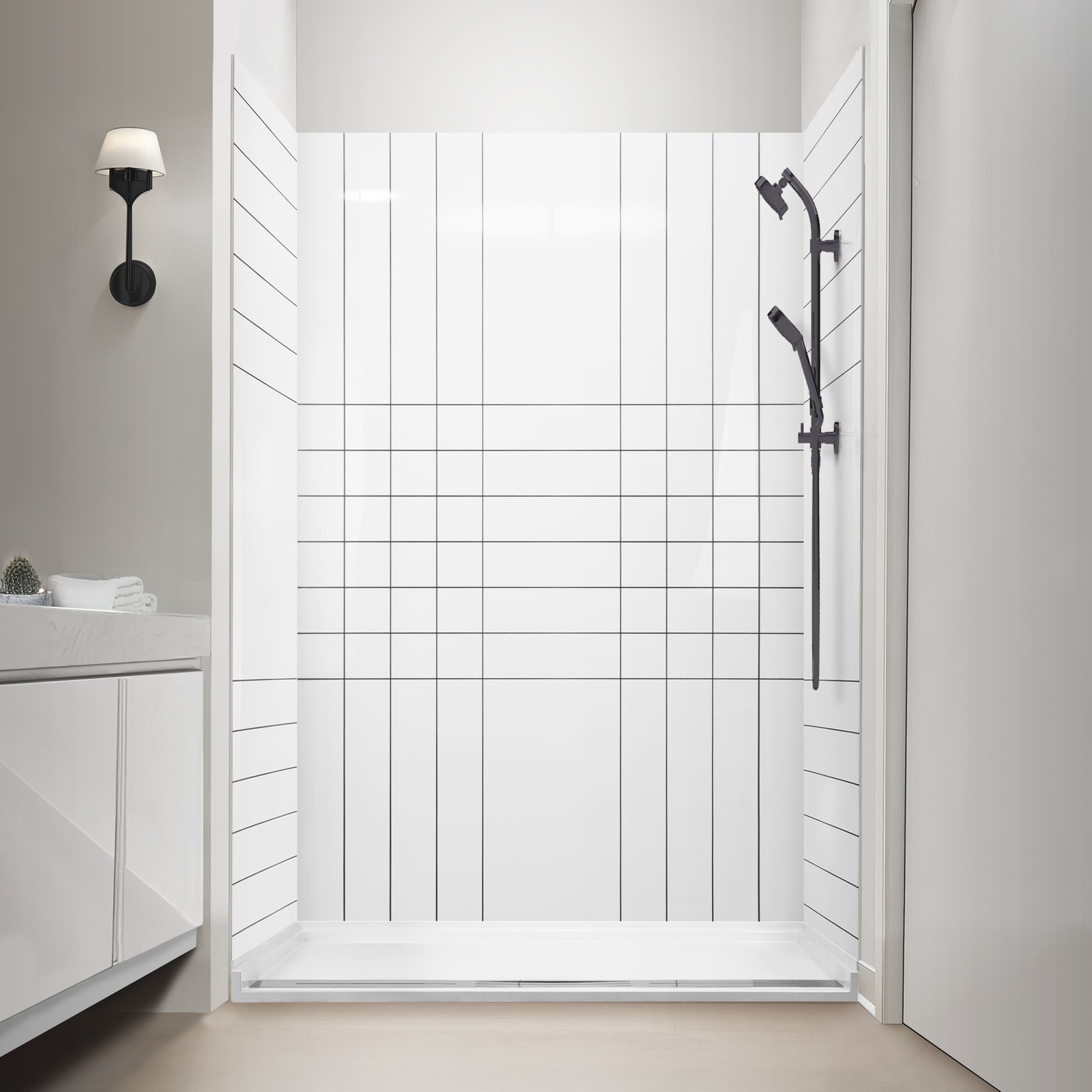 Motif de gravure CNC VertiGrid dans l’acrylique, kit de panneaux muraux de douche à 3 panneaux 40 x 60 x 98 - Cabine de douche en acrylique Ella Verti Grid avec parois à motif de carreaux blancs, douchette à main coulissante noire et receveur à seuil bas