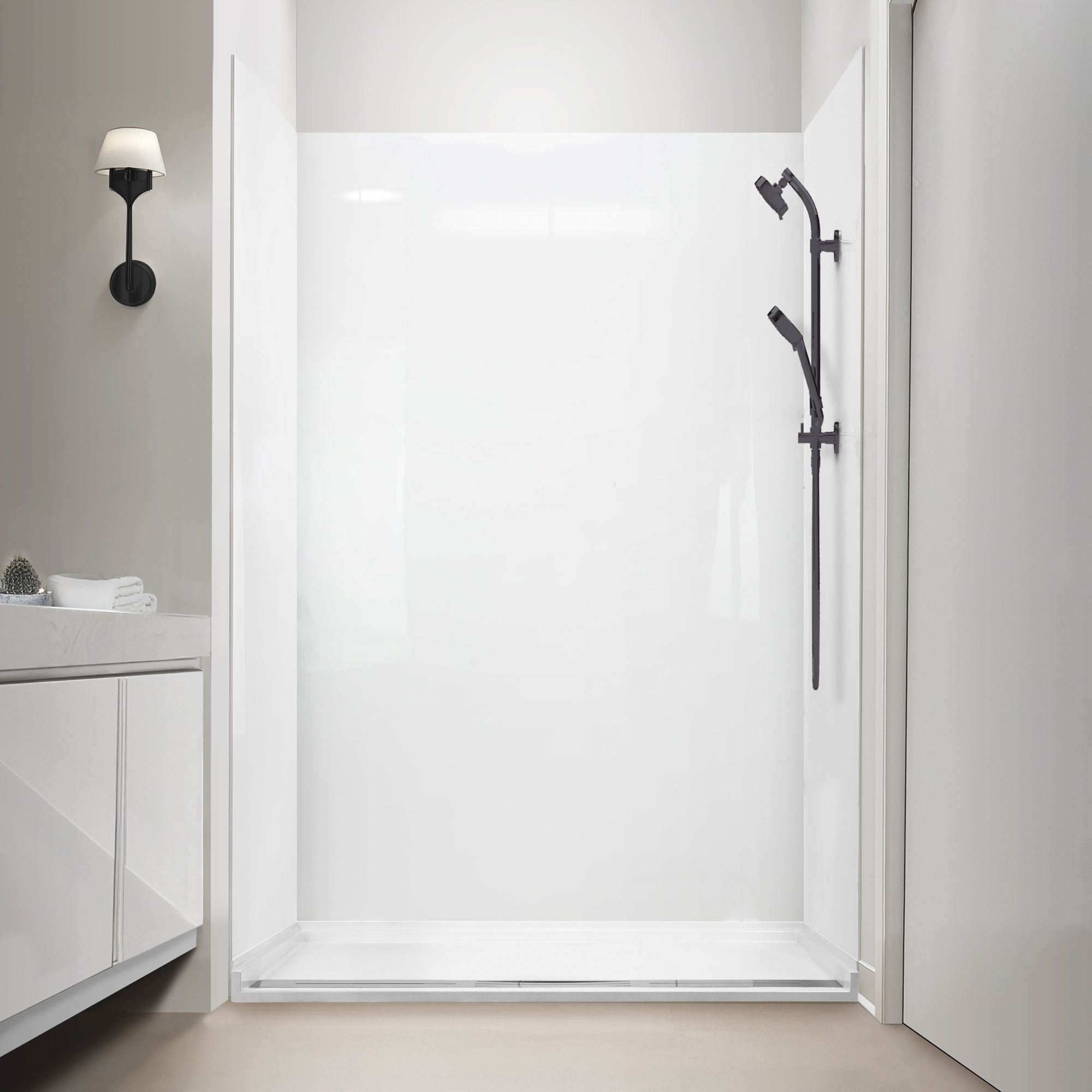 White acrylic shower stall with glossy ShowerWall panels, matte black slide bar, and handheld showerhead in a modern bathroom