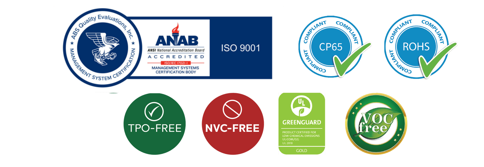 Ella's Bubbles shower wall certifications: ISO 9001, CP65, ROHS, TPO-Free, NVC-Free, GREENGUARD Gold, and VOC Free badges