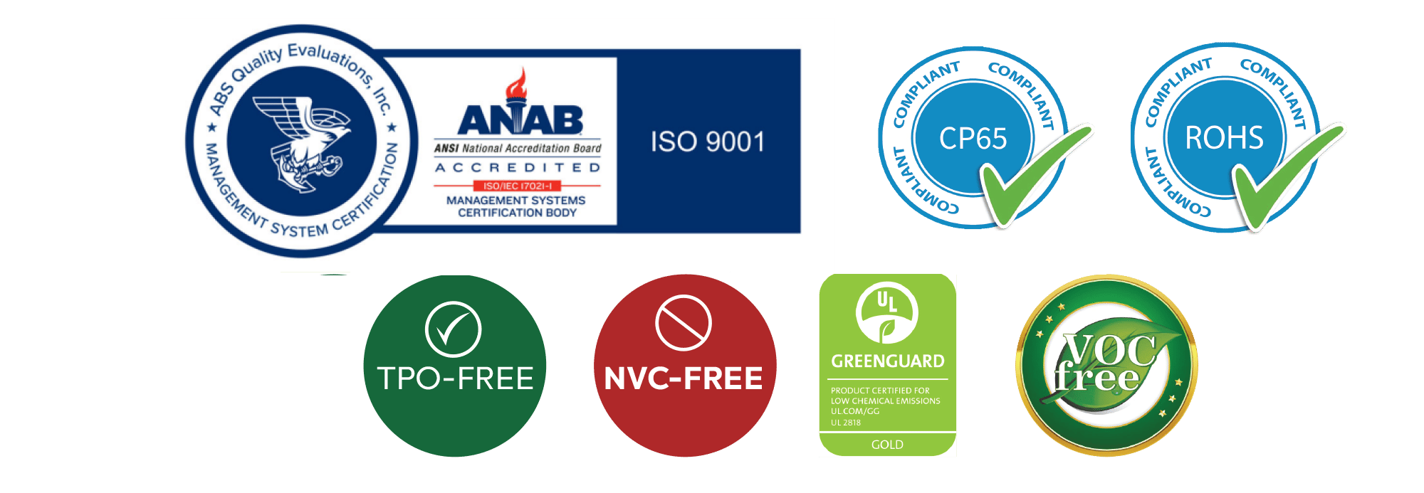 Certifications des parois de douche d’Ella’s Bubbles : badges ISO 9001, CP65, ROHS, sans TPO, sans NVC, GREENGUARD Gold et sans COV
