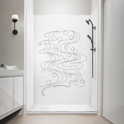 White Ella's Bubbles accessible shower stall with abstract bubble wave pattern wall panel and matte black showerhead