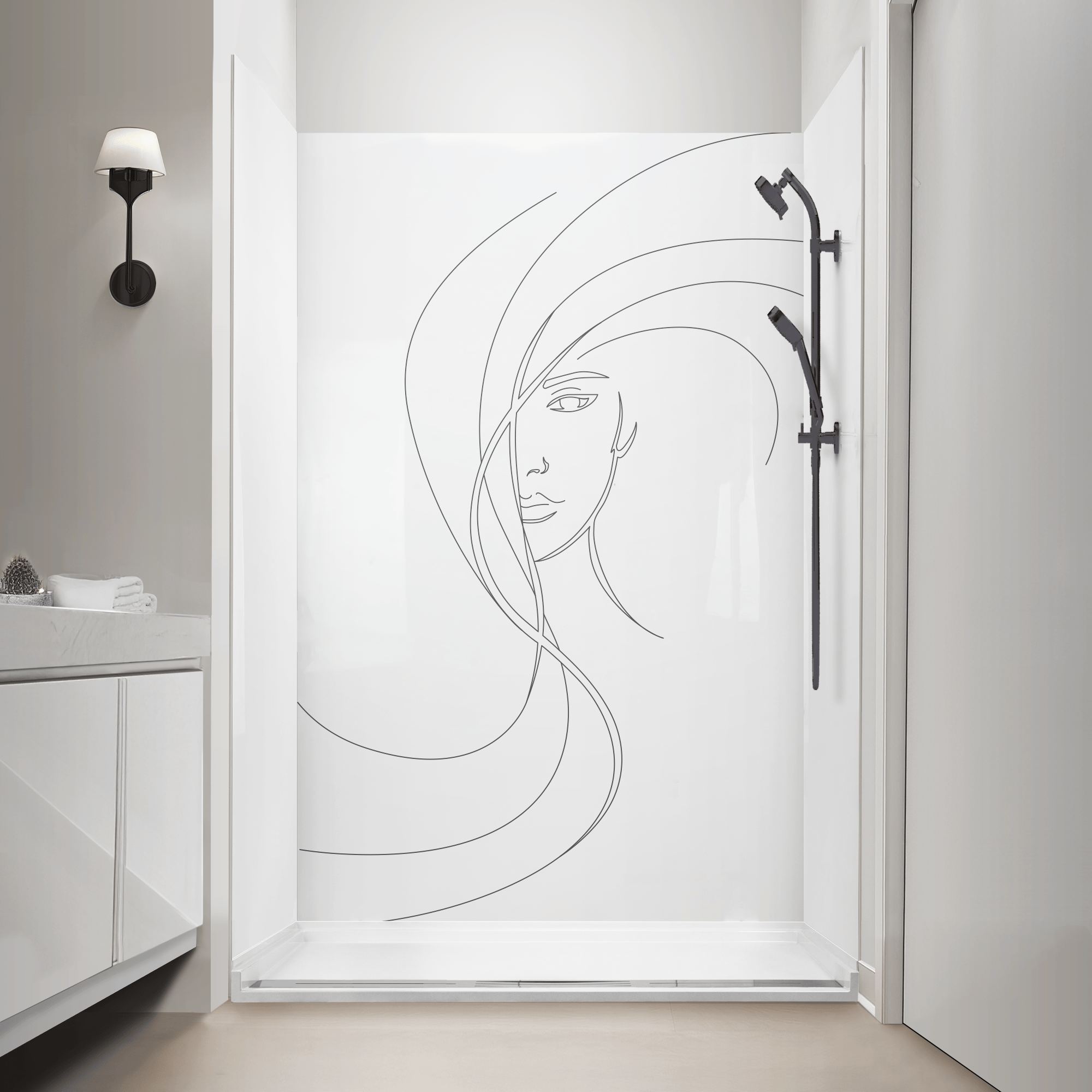 EllaFace - Design de mur de douche CNC Cabine de douche accessible blanche Ella avec design mural CNC EllaFace en art linéaire représentant un visage de femme et robinetterie noir mat