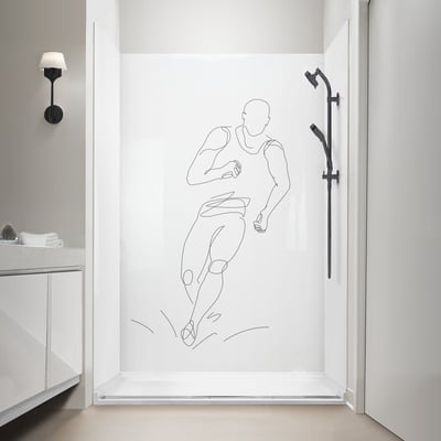White Ella walk-in shower stall featuring EllaRun CNC wall panel with line-art runner design and matte black slide bar