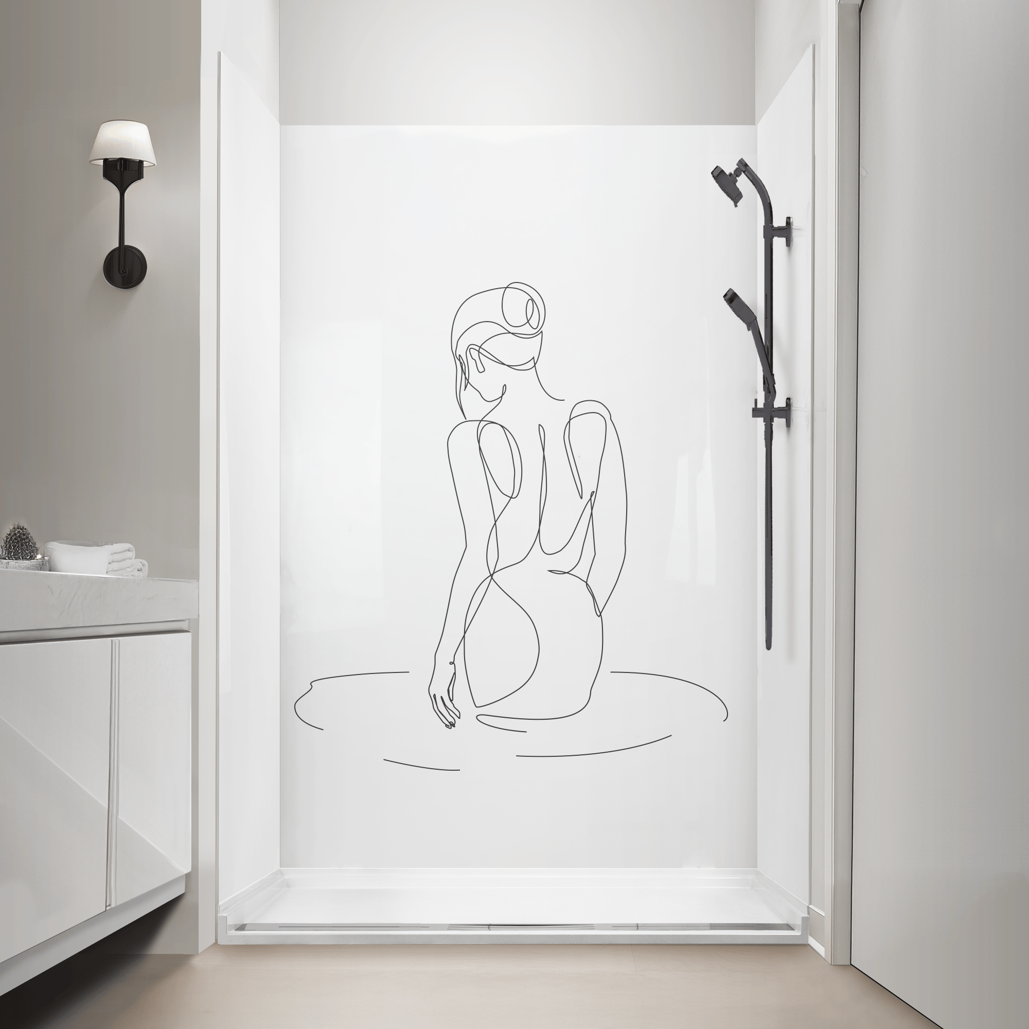 EllaSerene - Mur de douche CNC pour salle de bain Panneau mural de douche CNC blanc Ella Serene avec élégante illustration linéaire d’une femme, douchette à main noir mat et barre de douche