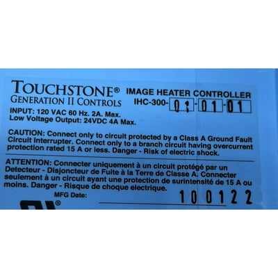 Étiquette de spécifications du contrôleur de chauffe-eau IHC-300 Touchstone Generation II avec avertissements de sécurité