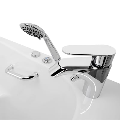 Close-up of chrome faucet, handheld showerhead, control knobs, and grab bar on an Ella walk-in tub deck