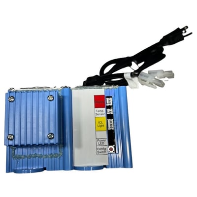 Blue walk-in tub inline water heater control unit with display, temp sensor, ICL light, power LED, and config switch