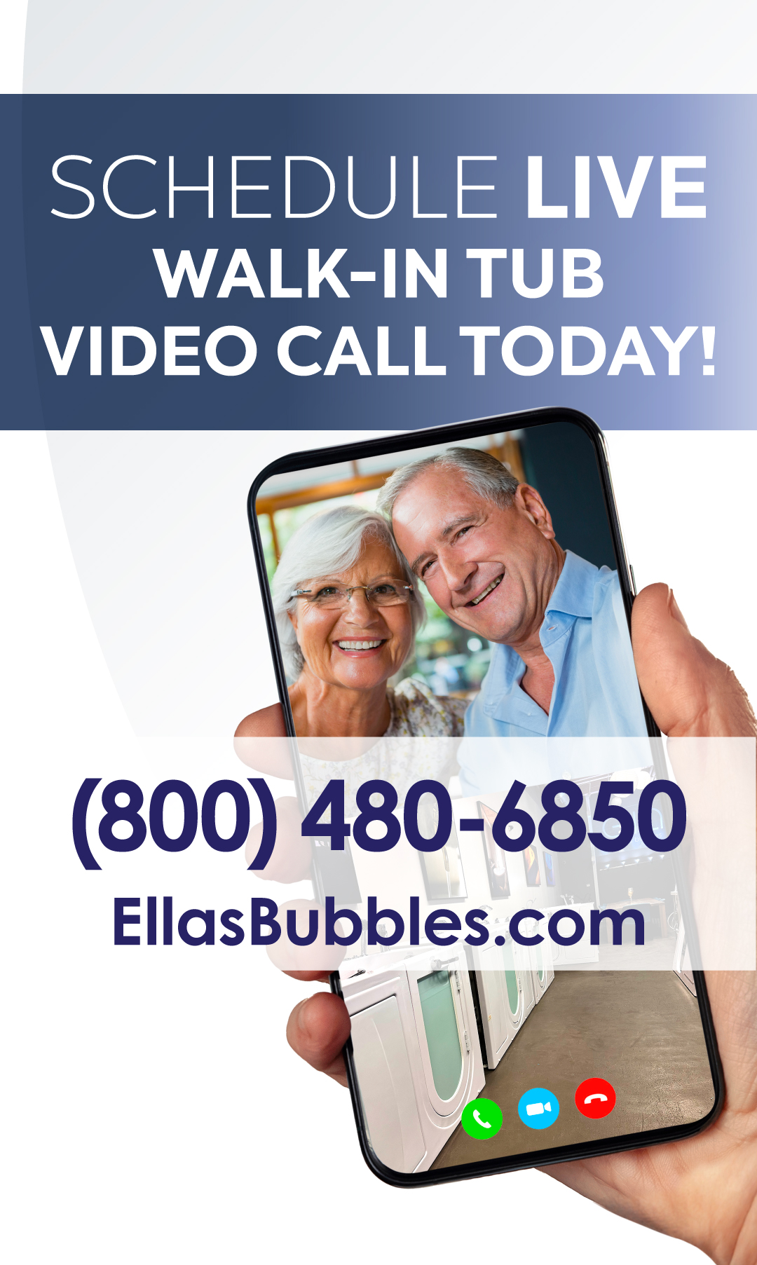 Smiling senior couple on a smartphone video call scheduling a live walk-in tub showroom tour with Ella's Bubbles