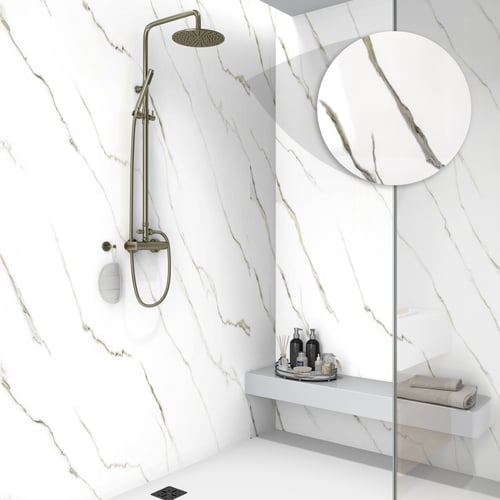 Ella accessible shower stall with white Calacatta Gold acrylic wall panels, gold veining, rain showerhead, and built-in bench