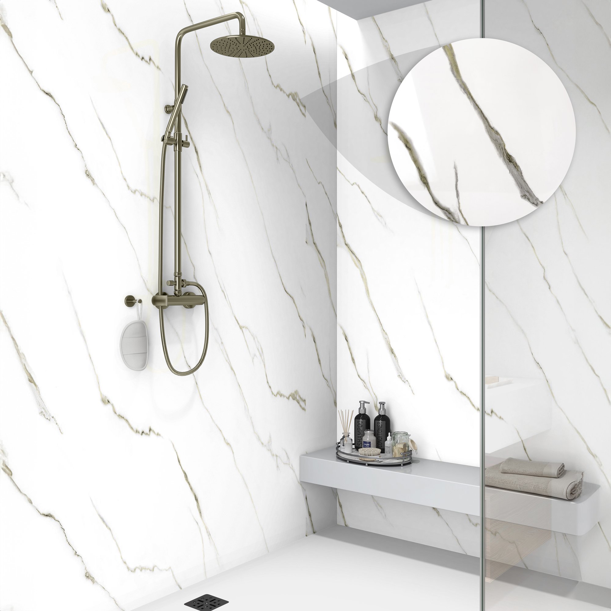 Ella accessible shower stall with white Calacatta Gold acrylic wall panels, gold veining, rain showerhead, and built-in bench