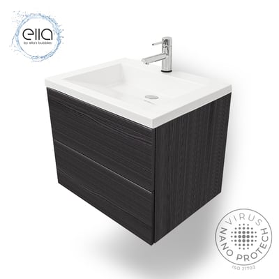 Meuble-lavabo de salle de bain mural Ella Ebony avec lavabo blanc, robinet chromé et meuble à deux tiroirs en grain de bois foncé