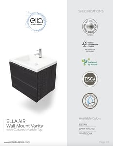 Meuble-lavabo mural Ella Air finition ébène avec plan en marbre de culture blanc et robinet chromé – fiche technique
