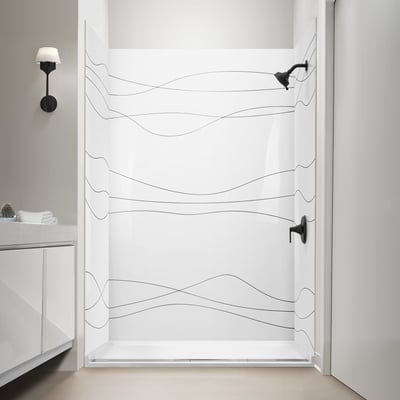 Patrón de grabado CNC Flowstate en acrílico, kit de pared de ducha de 3 paneles de 101,6 cm x 152,4 cm x 248,9 cm | Por: Ella's Bubbles - Paneles de pared de ducha FlowState de acrílico blanco con un patrón de diseño de onda CNC fluido y grifería de ducha negra mate