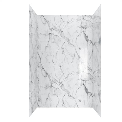 Kit de pared de ducha acrílico de tres paneles en acabado con aspecto de mármol Arctic Vein Calacatta con vetas blancas y grises