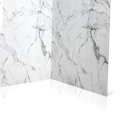 Dos paneles de pared de ducha acrílicos blancos Artic Vein Calacatta dispuestos en una esquina con vetas de mármol grises