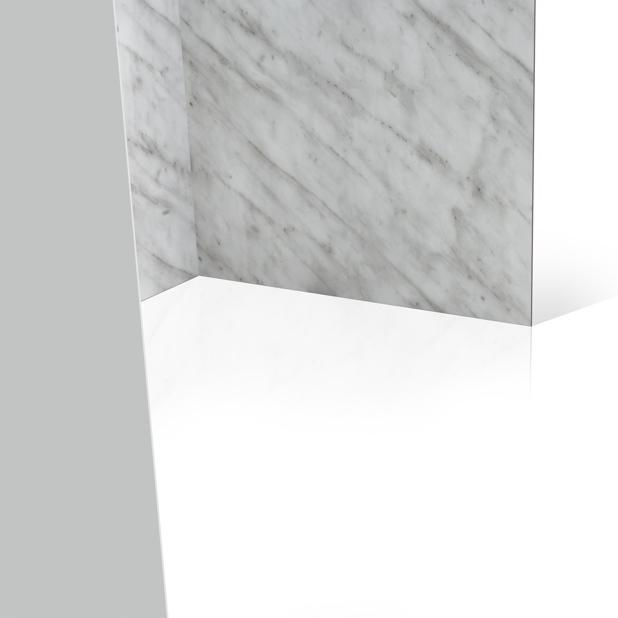 Carrara marble acrylic shower wall panels meeting at an inside corner above a white low-threshold shower base