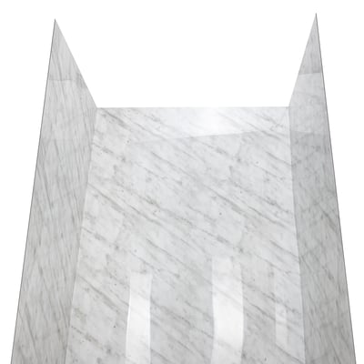 Primer plano de revestimiento de pared de ducha de 3 paneles acrílico con patrón de mármol Carrara con acabado brillante y vetas grises