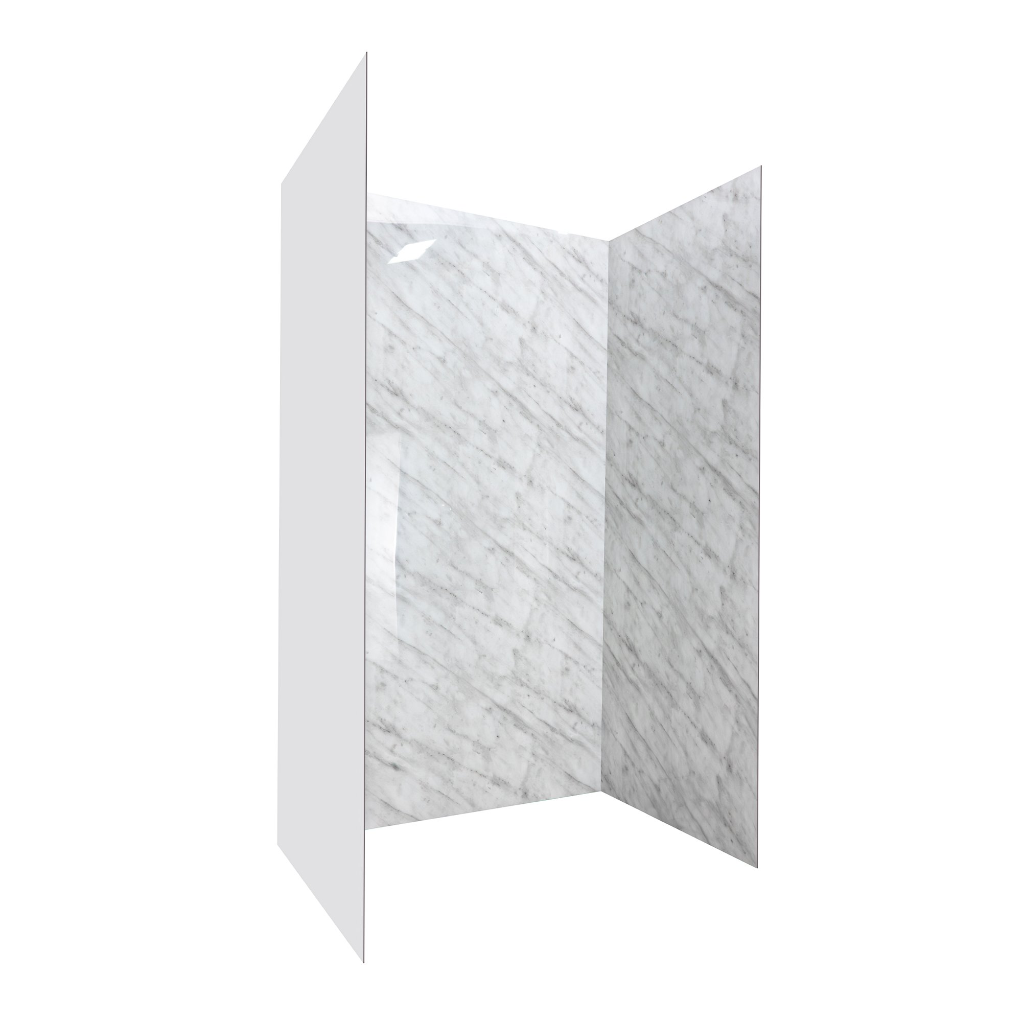 Carrara marble pattern acrylic 3-panel shower wall kit installed with glossy white side panels