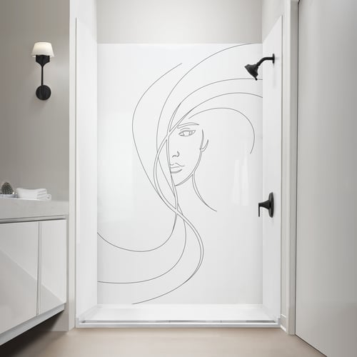 ella-face-paroi-de-douche-acrylique-design-CNC-douche Cabine de douche accessible Ella avec panneau mural en acrylique blanc, motif de visage féminin en art linéaire CNC élégant et robinetterie noire