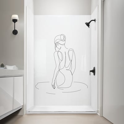 White acrylic walk-in shower stall with elegant CNC line art woman design on back wall and matte black fixtures