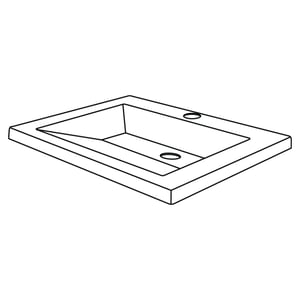 Schéma au trait d’un plan de toilette rectangulaire en marbre avec lavabo intégré et deux trous de vidange