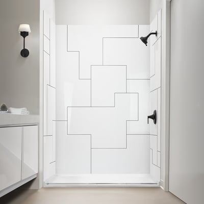 Kit de pared de ducha de 3 paneles de acrílico de 40"x60"x98" con patrón grabado CNC UrbanMaze - Walk-in Shower, Shower Pan | Por: Ella's Bubbles - Paneles de pared de ducha de acrílico blanco Ella Urban Maze con un patrón de diseño geométrico CNC y grifería de ducha negra mate