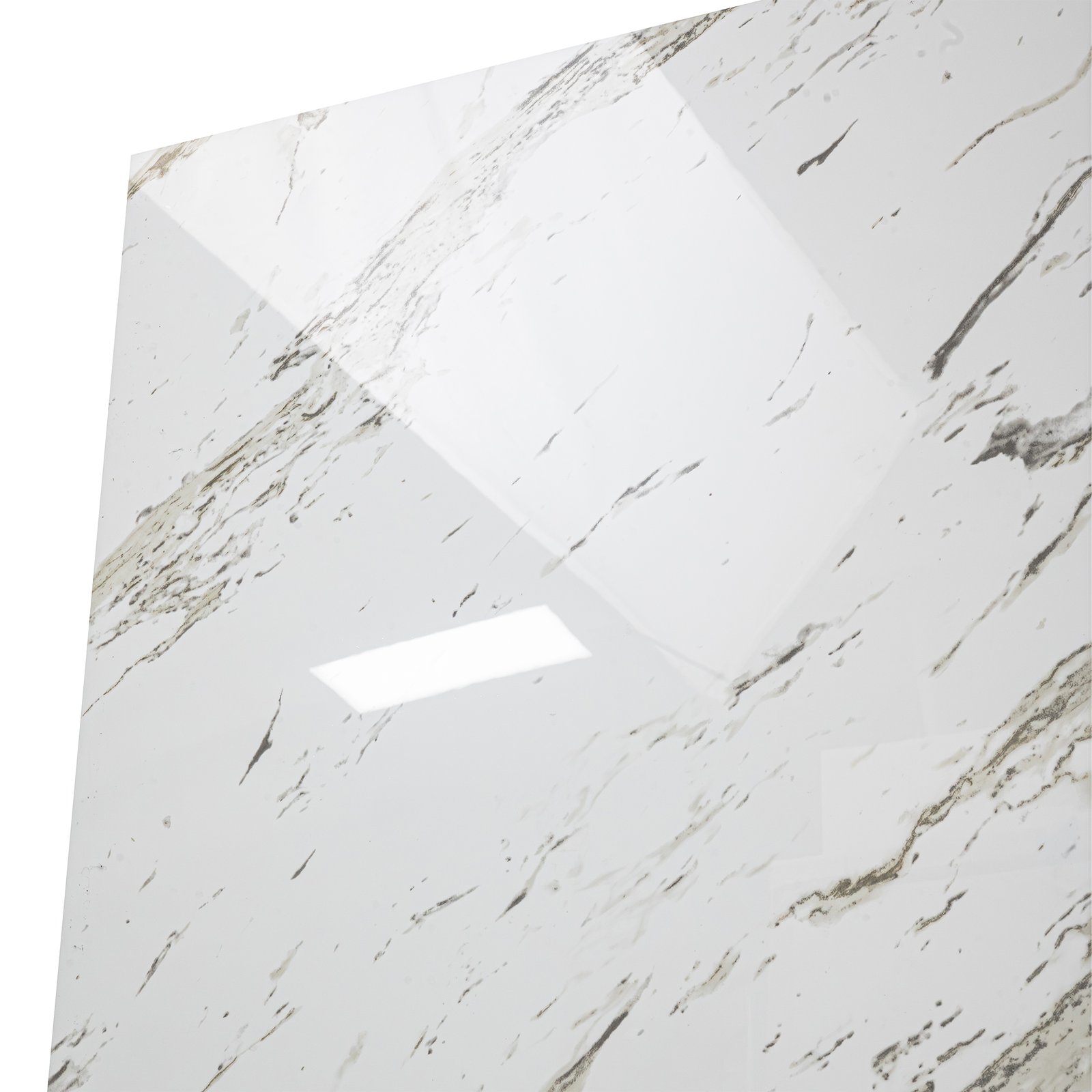 Detalle de panel de revestimiento de ducha de acrílico Heritage Calacatta brillante con patrón de vetas de mármol blanco
