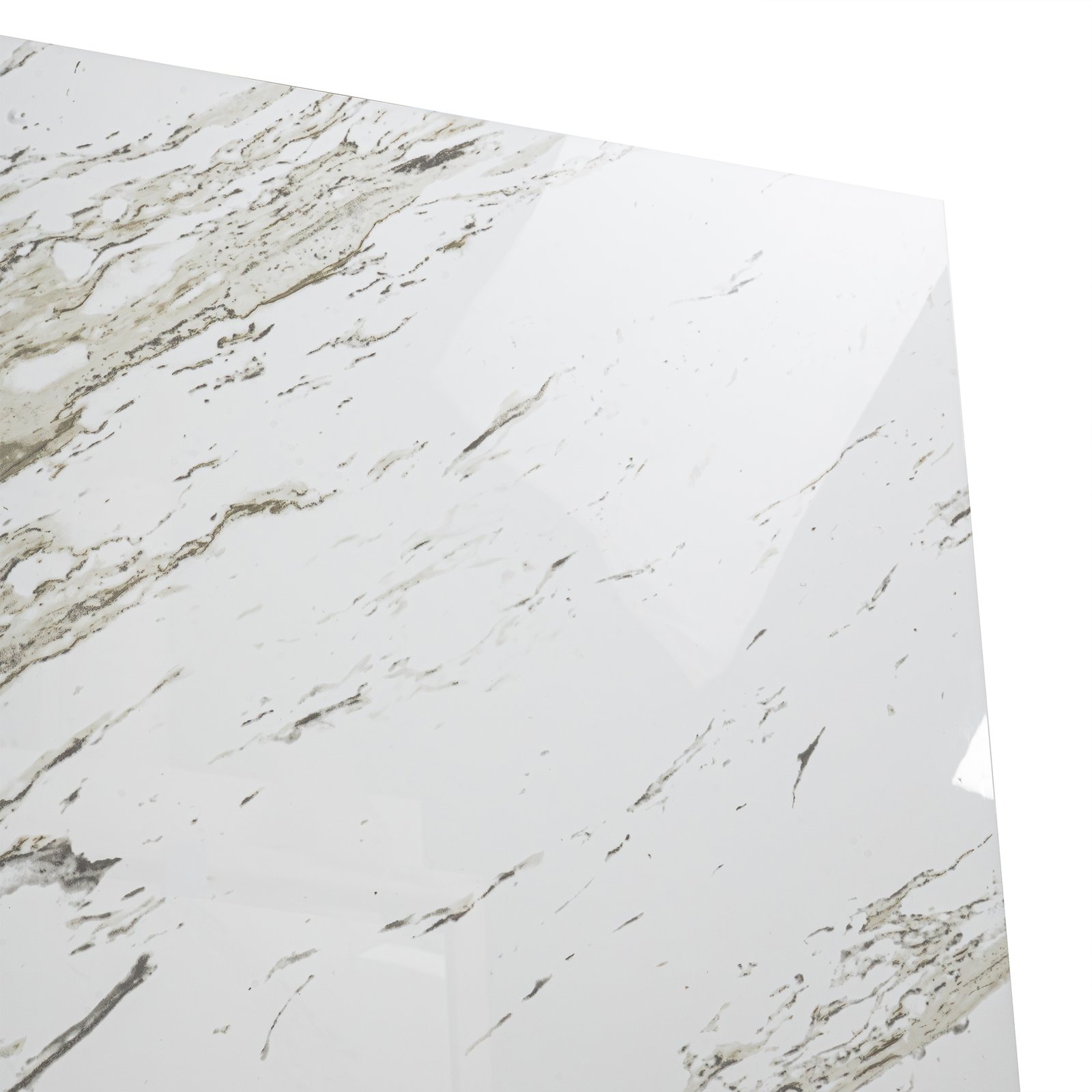 Detalle de panel de revestimiento de ducha de acrílico Heritage Calacatta con aspecto de mármol blanco y patrón de vetas gris-dorado