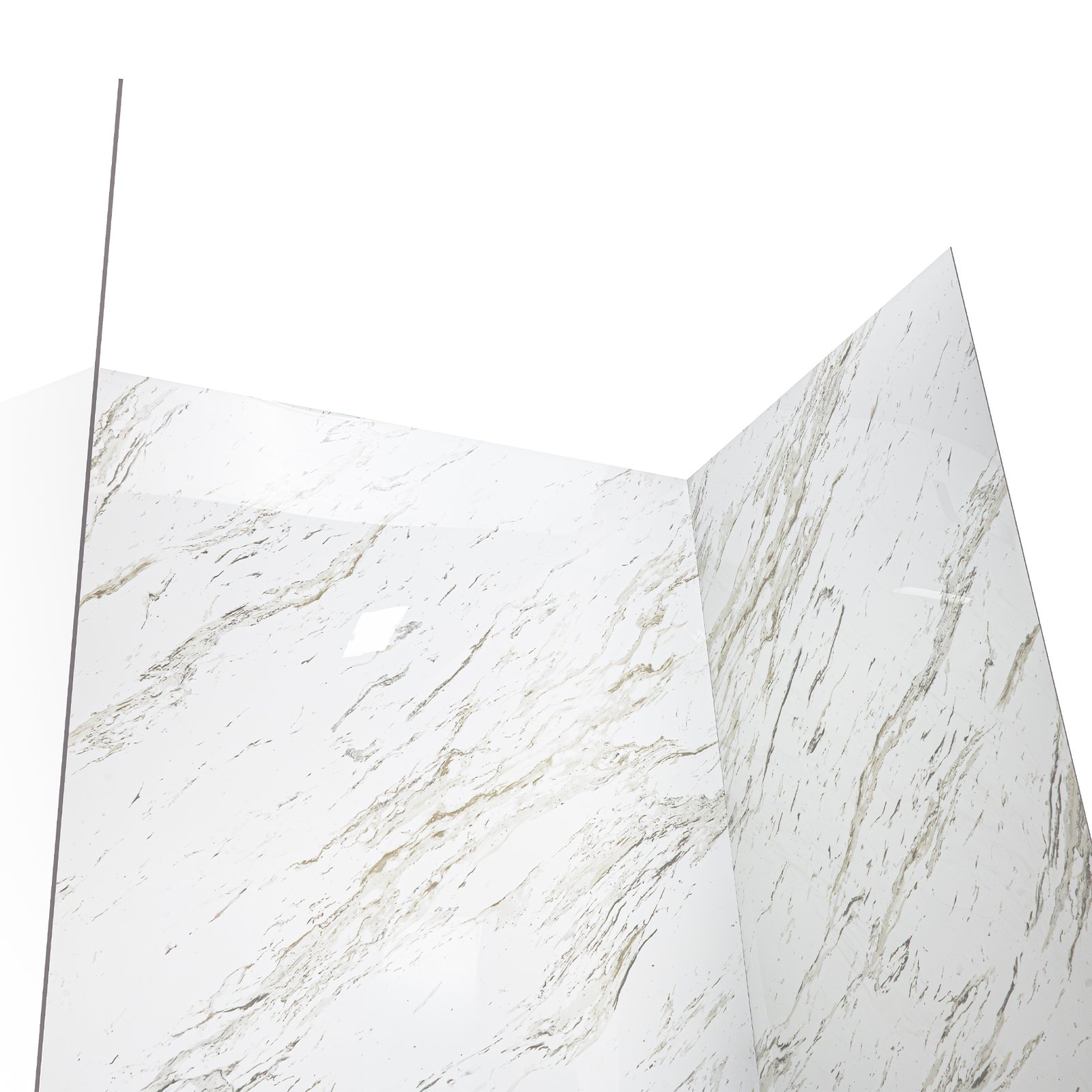 Detalle de paneles de revestimiento de ducha de acrílico Heritage Calacatta con patrón de vetas de mármol blanco para duchas accesibles