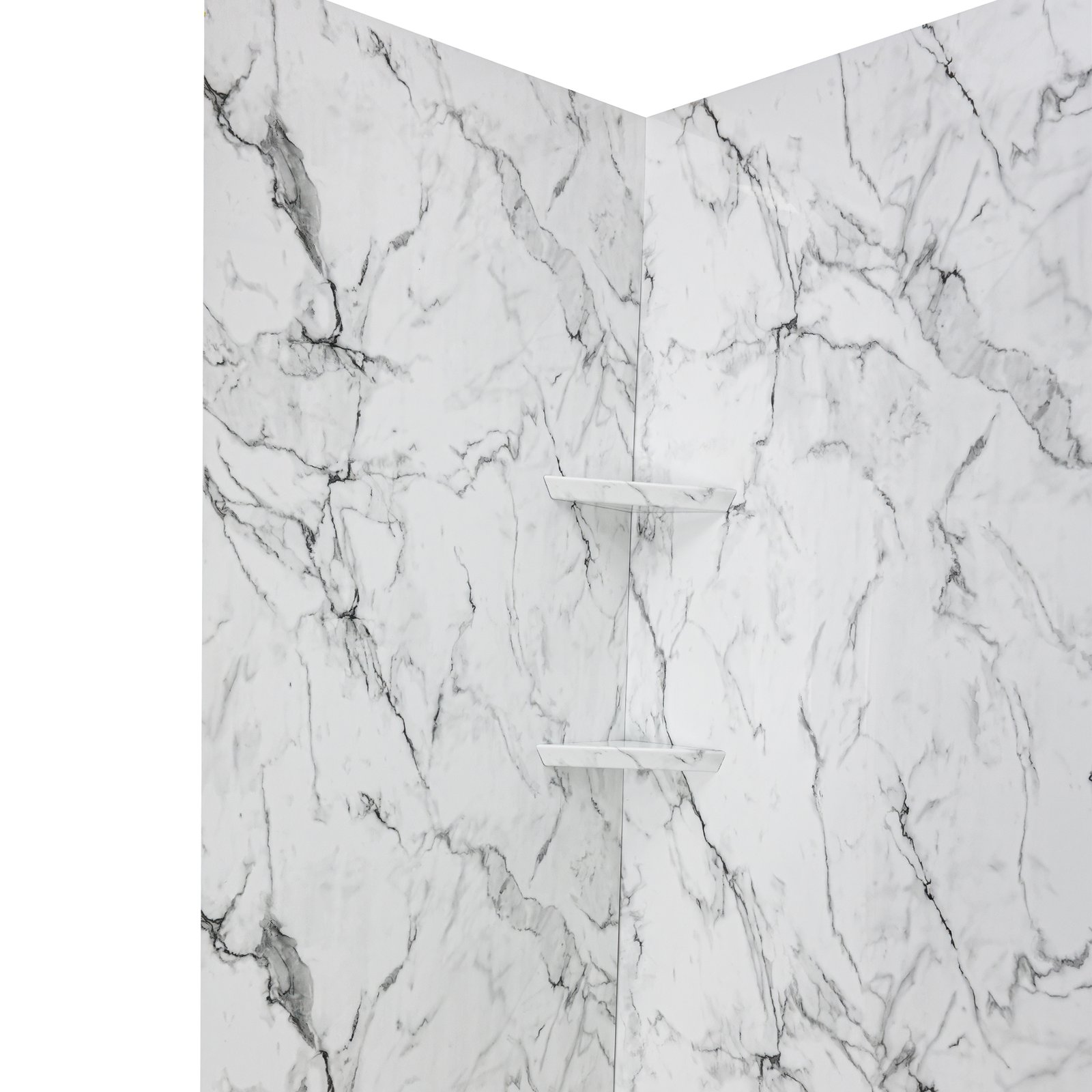 Corner view of Arctic Vein Calcatta marble-pattern acrylic shower wall panels with two built-in white corner shelves