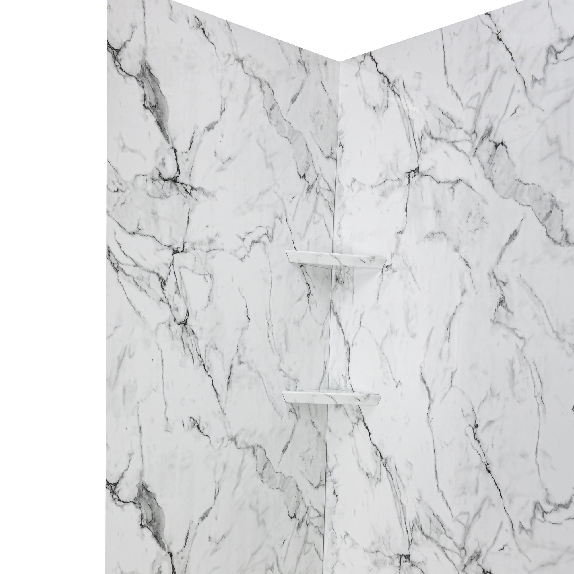 Corner view of Arctic Vein Calcatta marble-pattern acrylic shower wall panels with two built-in white corner shelves