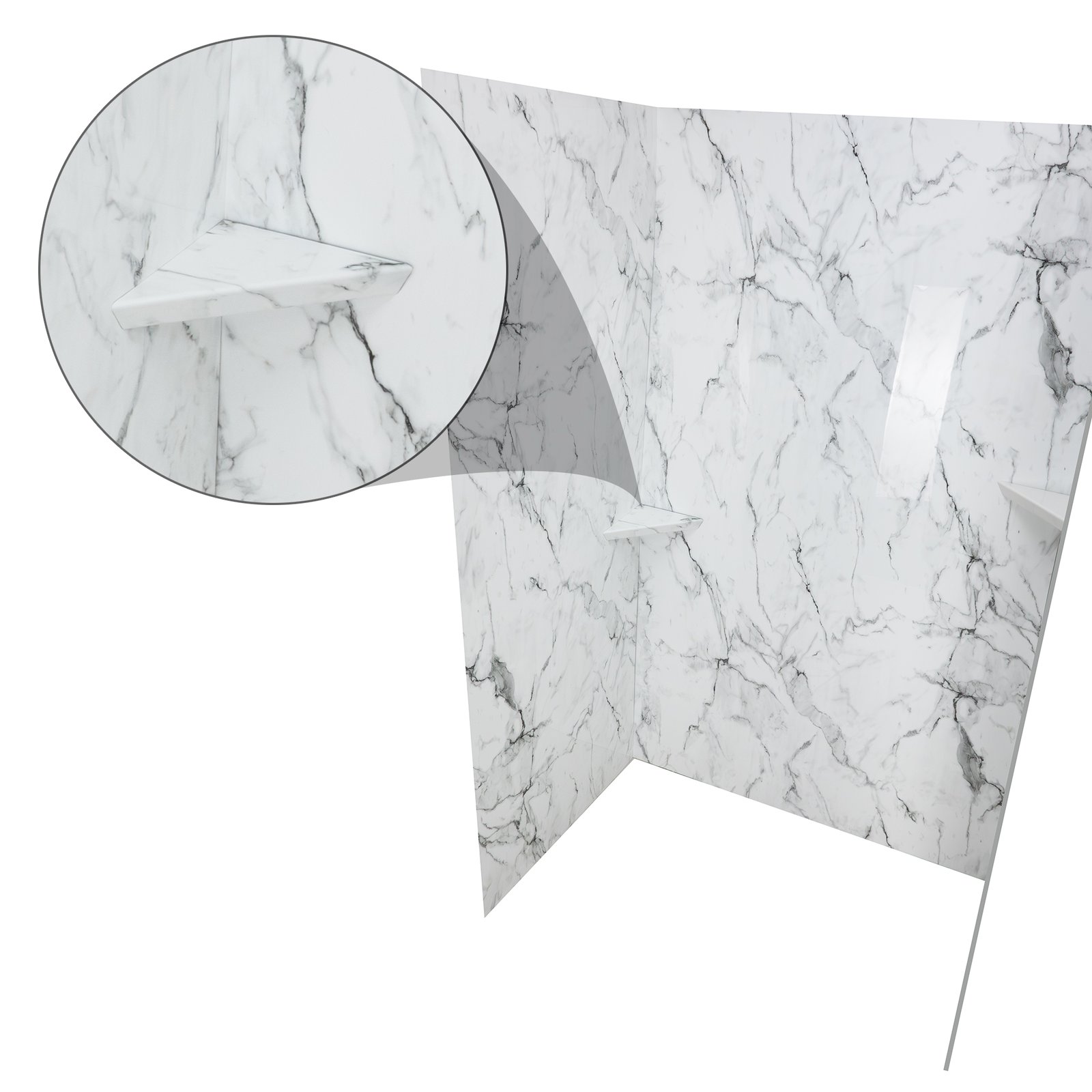 Arctic Vein Calacatta Walk-In Tub Surround Wall Kit 36.5" x 48" x 60" - %3E - Arctic Vein Calacatta marble-pattern acrylic shower wall panels with built-in corner shelf add-on detail closeup
