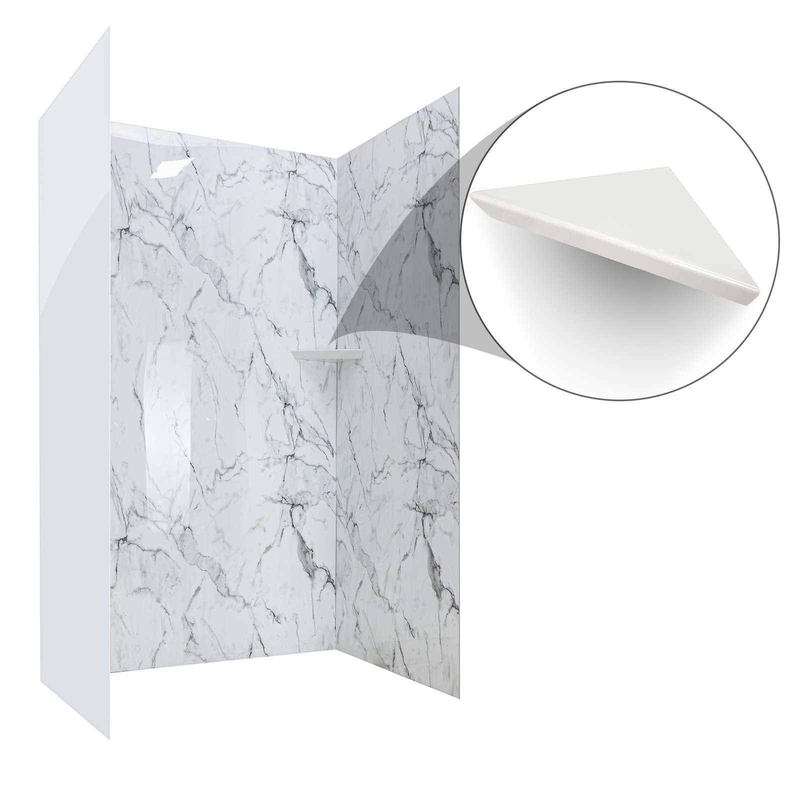 Arctic Vein Calacatta Walk-In Tub Surround Wall Kit 36.5" x 48" x 60" - %3E - Three-panel Arctic Vein Calcatta marble acrylic shower wall kit with close-up detail of white corner shelf add-on
