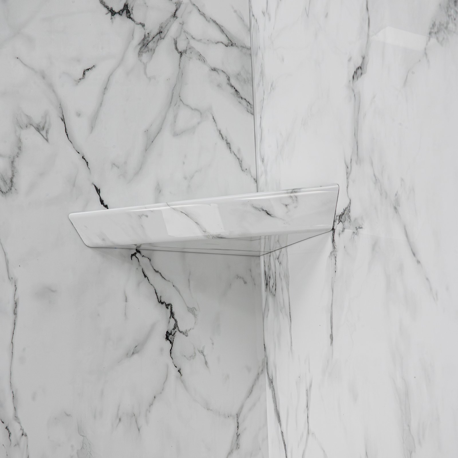 Arctic Vein Calacatta Walk-In Tub Surround Wall Kit 36.5" x 48" x 60" - %3E - Close-up of an Arctic Vein Calacatta marble-look corner shelf installed in an accessible shower stall wall niche