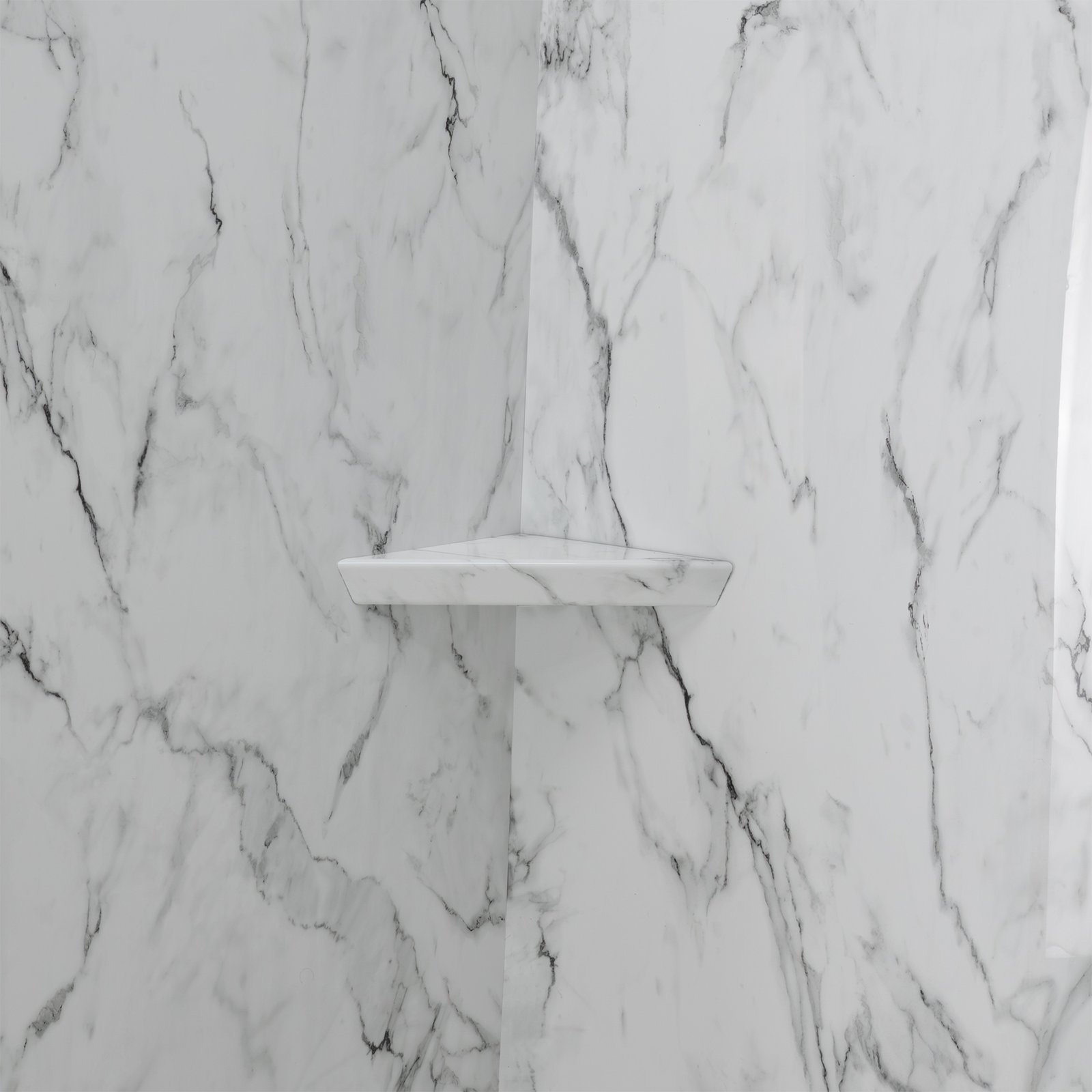 Arctic Vein Calacatta Walk-In Tub Surround Wall Kit 36.5" x 48" x 60" - %3E - Close-up of a built-in corner shelf on Arctic Vein Calacatta marble-pattern acrylic shower walls in an accessible shower stall