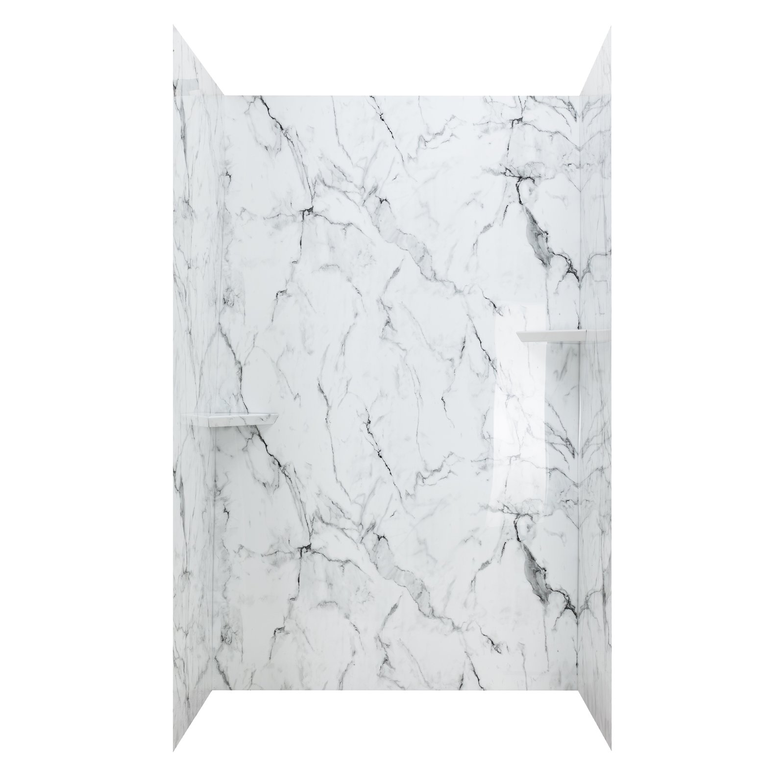 Arctic Vein Calacatta Walk-In Tub Surround Wall Kit 36.5" x 48" x 60" - %3E - Three-panel Ella shower wall surround in Arctic Vein Calacatta marble finish with two built-in corner shelves